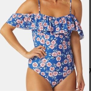 Raisins Beautiful Floral Blue Off-Shoulder Swimsuit, Medium